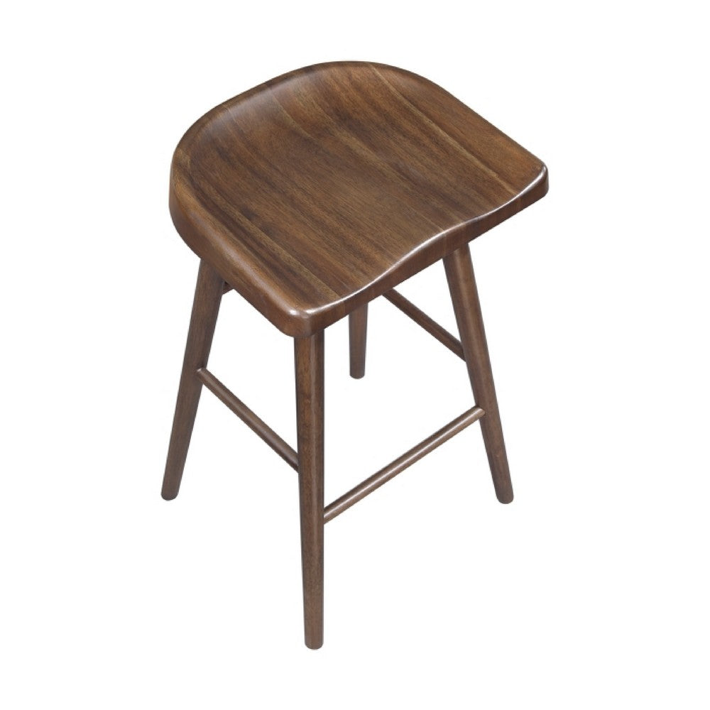 Benjara Vira 30 Inch Bar Stool Set of 2, Saddle Seat w Footrest, Brown Wood