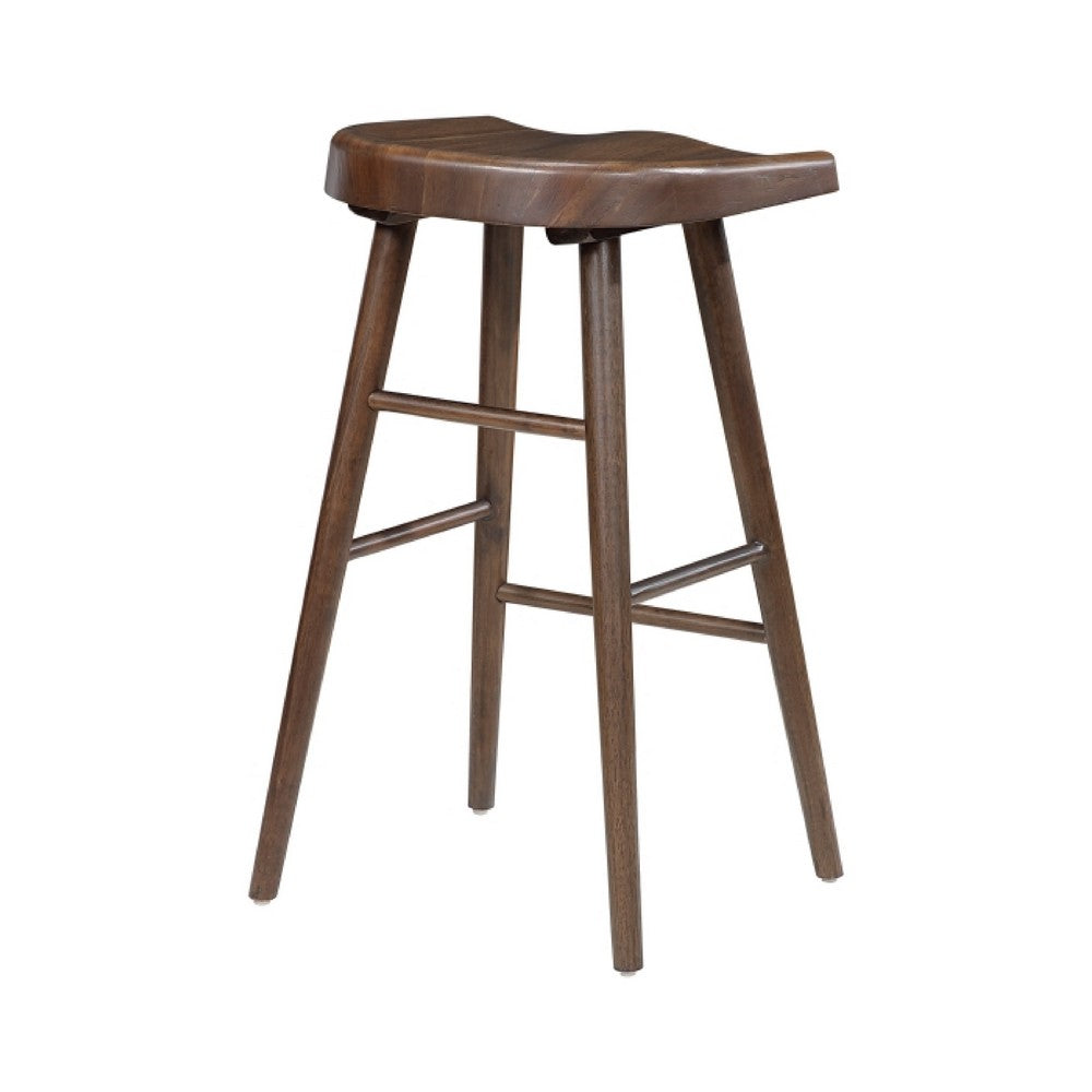 Benjara Vira 30 Inch Bar Stool Set of 2, Saddle Seat w Footrest, Brown Wood