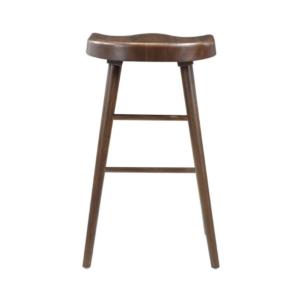 Benjara Vira 30 Inch Bar Stool Set of 2, Saddle Seat w Footrest, Brown Wood