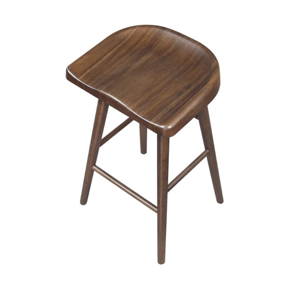 Benjara Vira 30 Inch Bar Stool Set of 2, Saddle Seat w Footrest, Brown Wood
