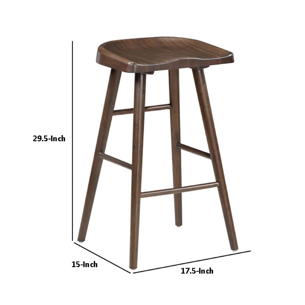 Benjara Vira 30 Inch Bar Stool Set of 2, Saddle Seat w Footrest, Brown Wood
