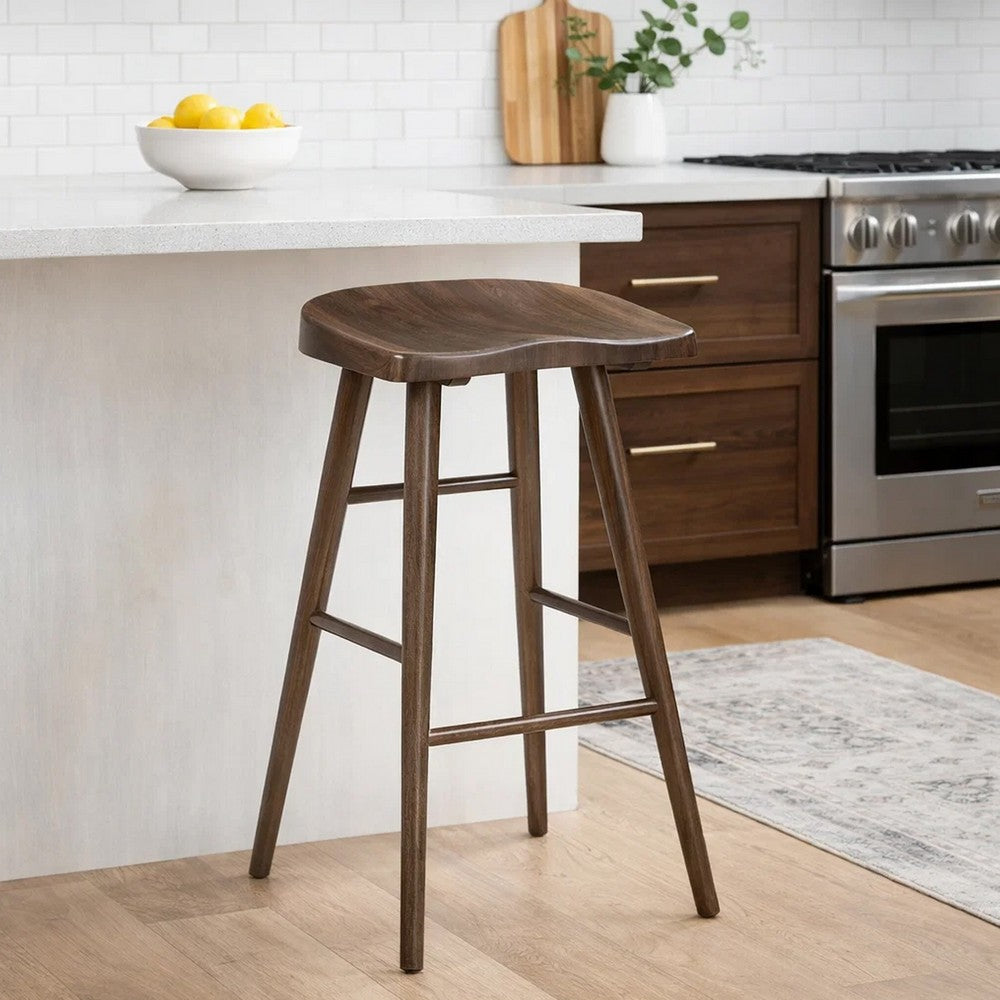 Benjara Vira 30 Inch Bar Stool Set of 2, Saddle Seat w Footrest, Brown Wood