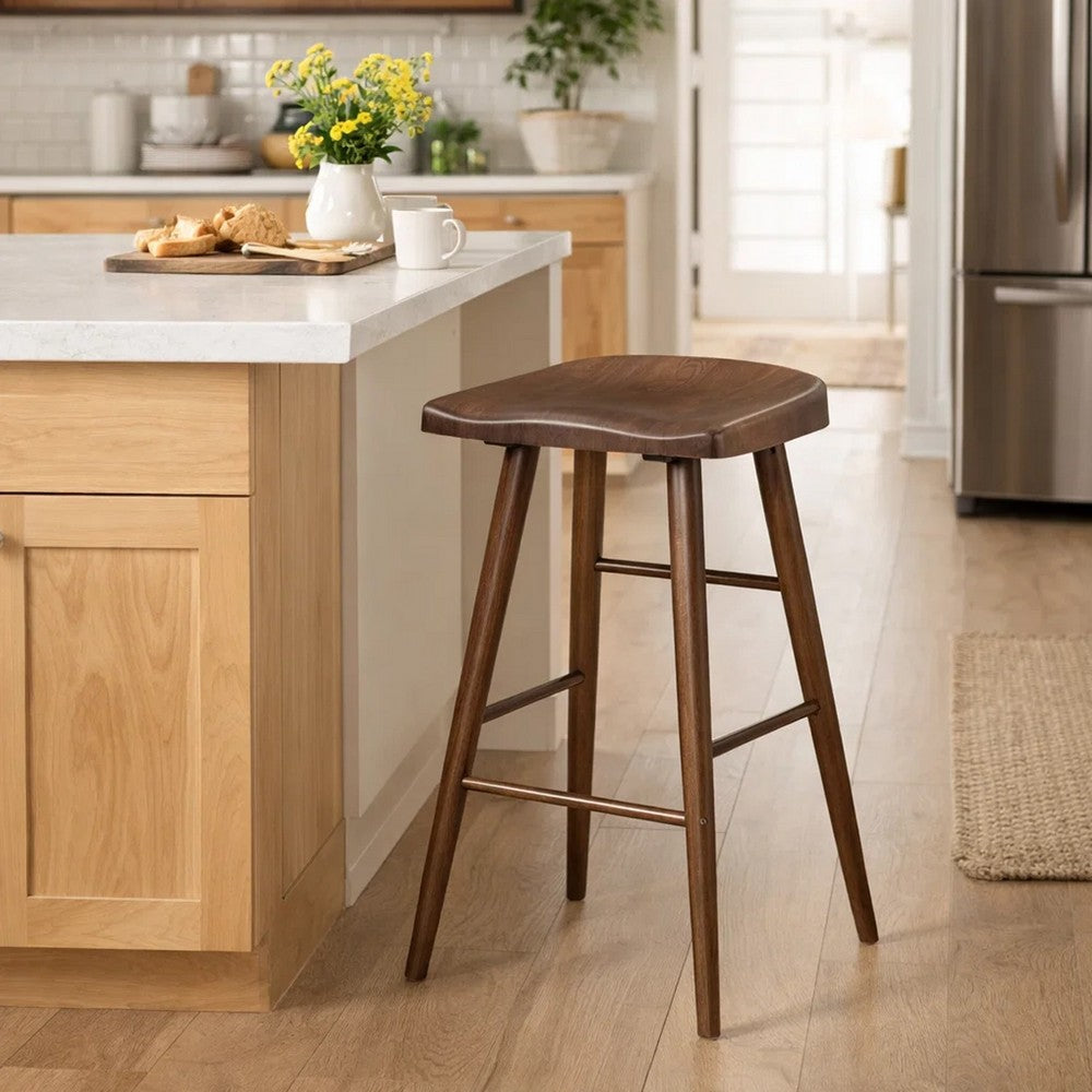 Benjara Vira 30 Inch Bar Stool Set of 2, Saddle Seat w Footrest, Brown Wood