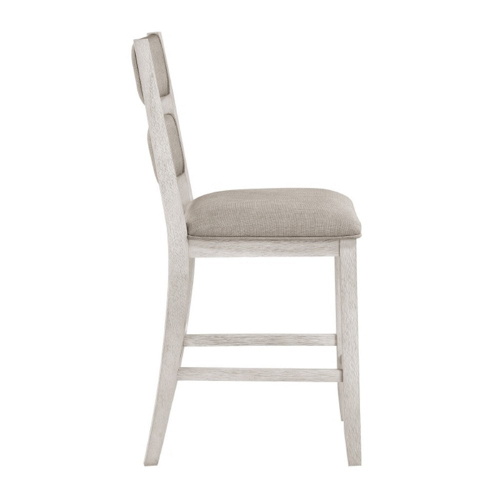 Benjara Vile Counter Height Chair Set of 2, Gray Polyester, Distress Antique White