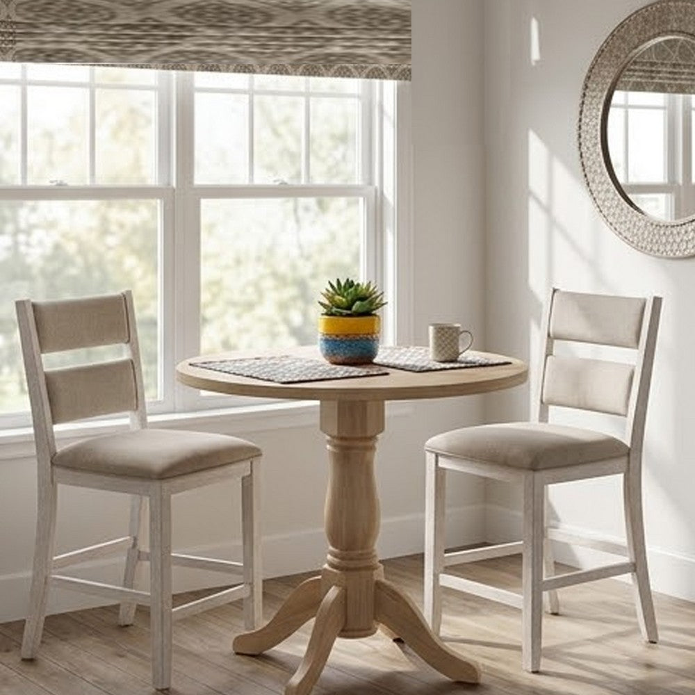 Benjara Vile Counter Height Chair Set of 2, Gray Polyester, Distress Antique White