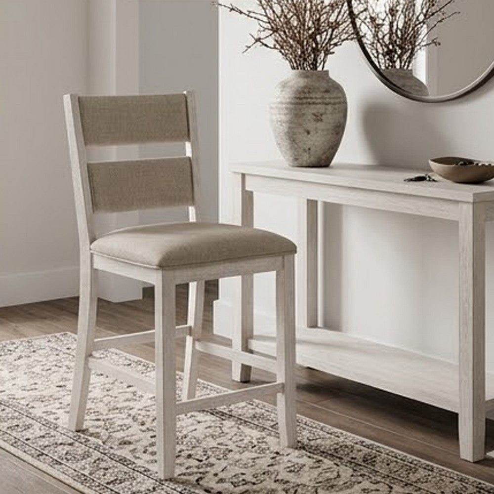 Benjara Vile Counter Height Chair Set of 2, Gray Polyester, Distress Antique White