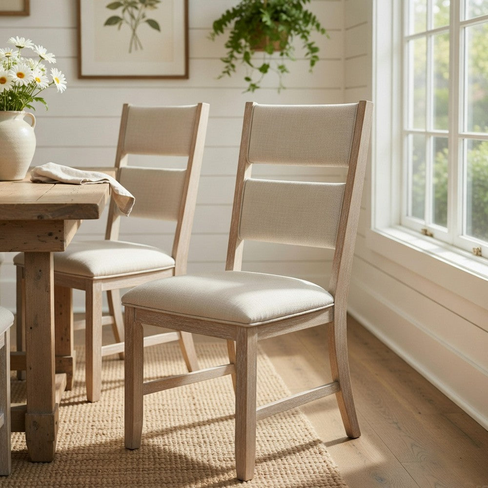 Benjara Vile Dining Side Chair Set of 2, Gray Polyester, Distress Antique White