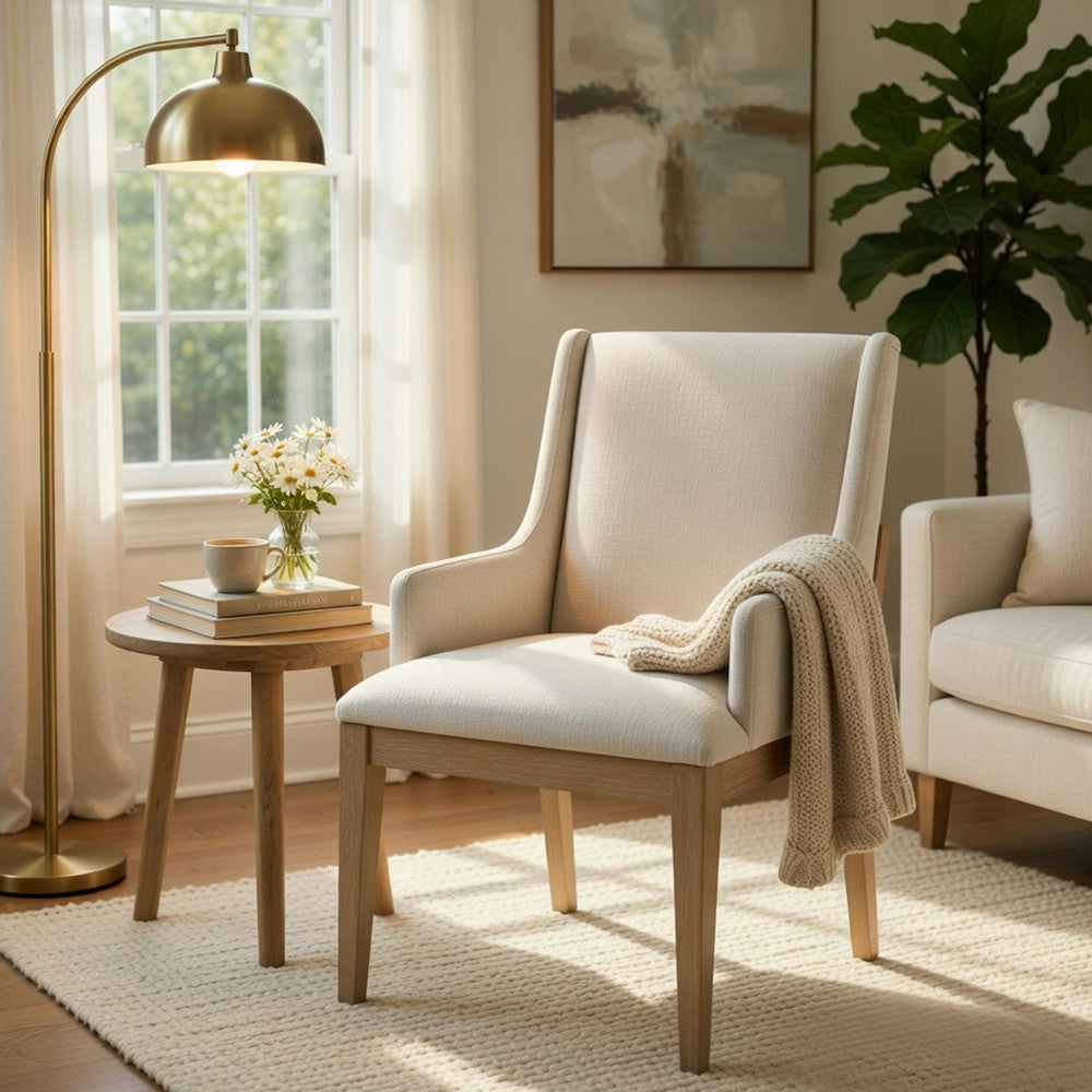 Benjara Tuma Wing Dining Armchair Set of 2, Ivory Polyester, Antique White