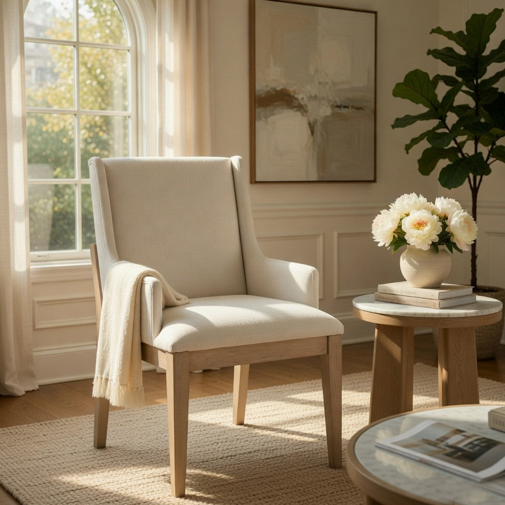 Benjara Tuma Wing Dining Armchair Set of 2, Ivory Polyester, Antique White