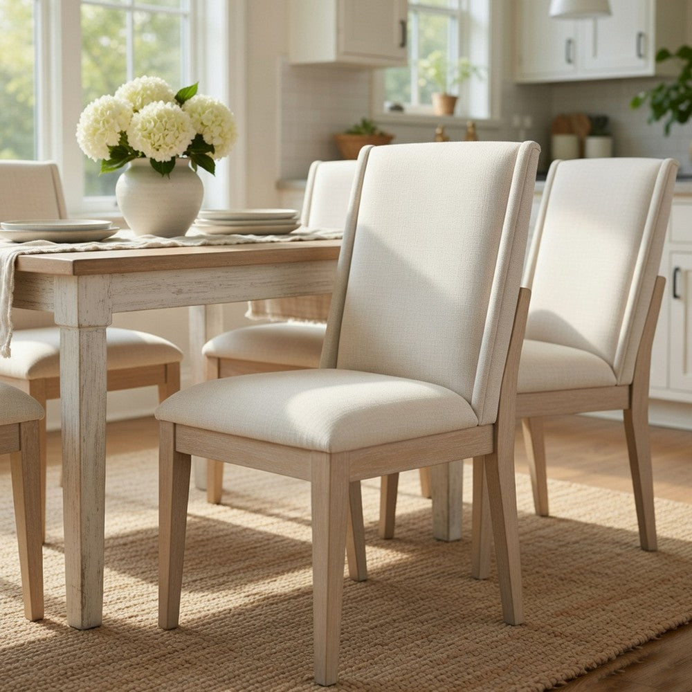 Benjara Tuma Wing Dining Side Chair Set of 2, Ivory Polyester, Antique White