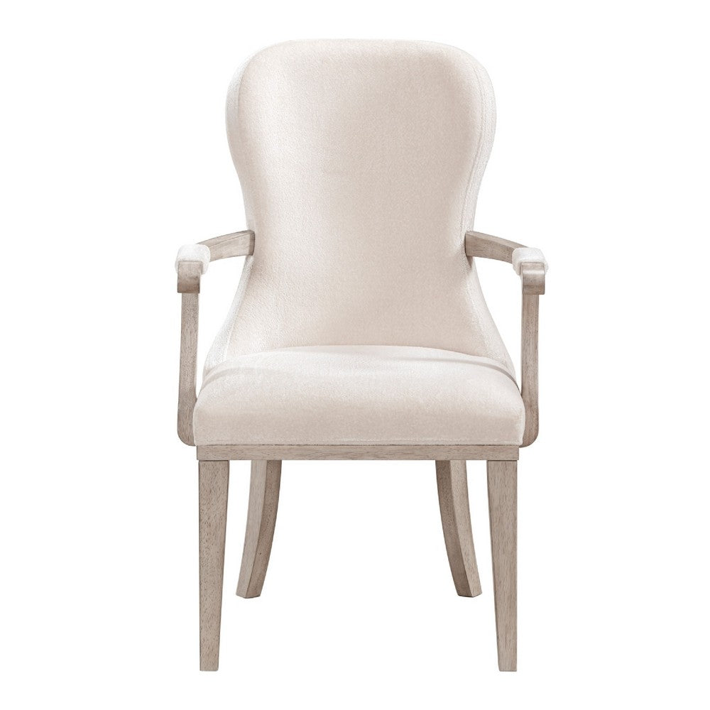 Benjara Lofi Wing Dining Armchair Set of 2, Ivory Felt Polyester, Gray Wood