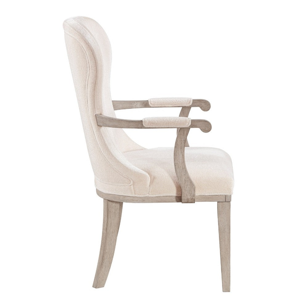Benjara Lofi Wing Dining Armchair Set of 2, Ivory Felt Polyester, Gray Wood