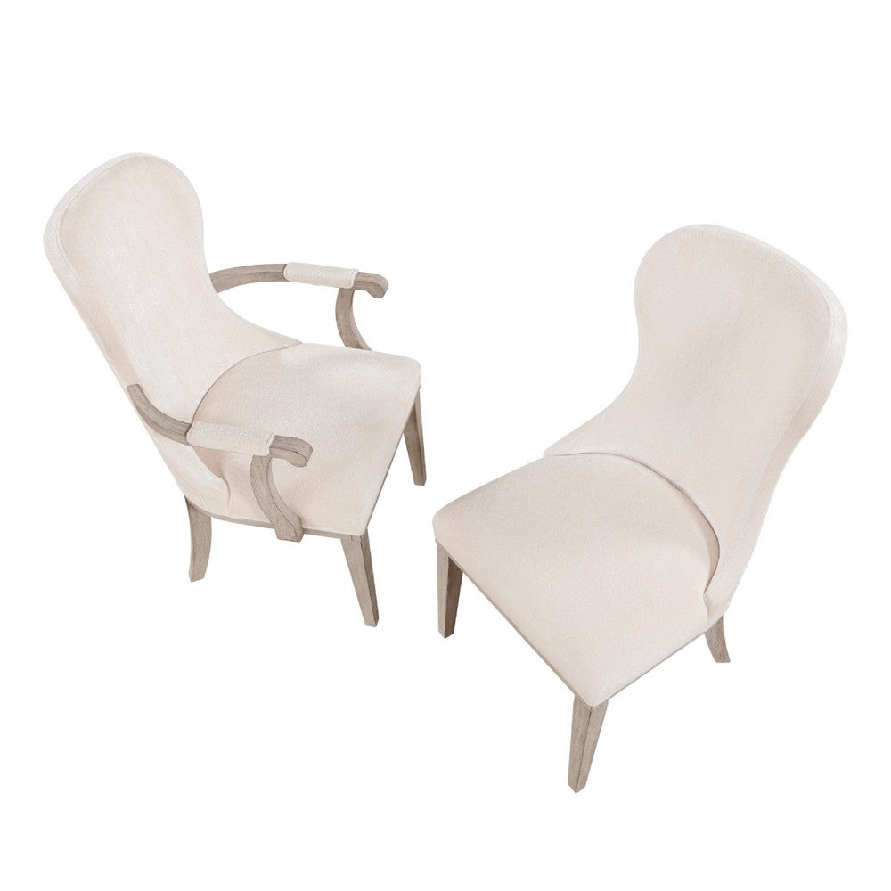 Benjara Lofi Wing Dining Armchair Set of 2, Ivory Felt Polyester, Gray Wood