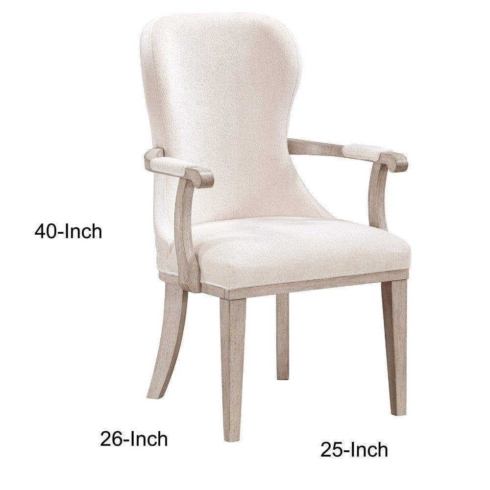 Benjara Lofi Wing Dining Armchair Set of 2, Ivory Felt Polyester, Gray Wood