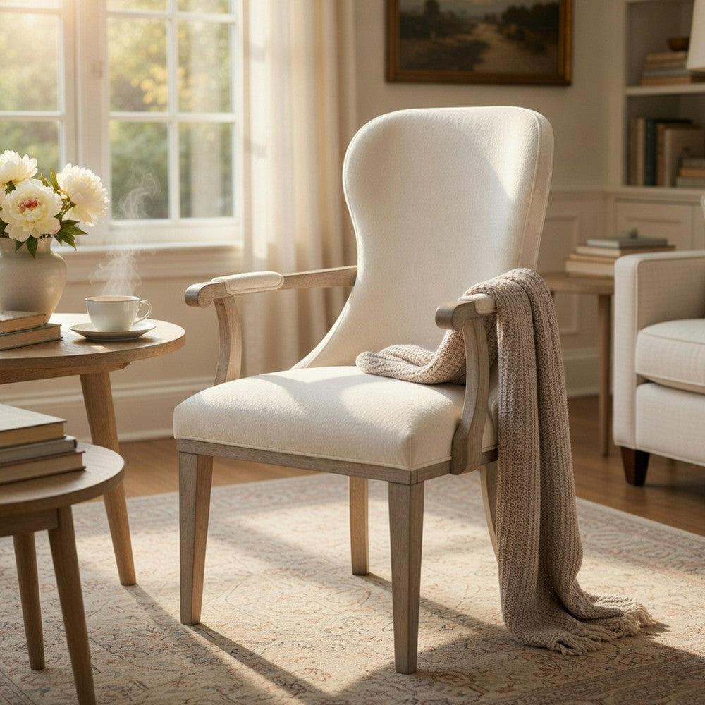 Benjara Lofi Wing Dining Armchair Set of 2, Ivory Felt Polyester, Gray Wood