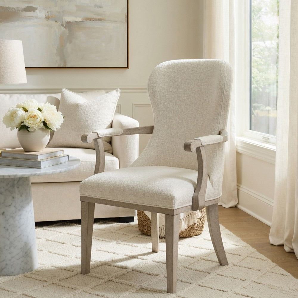 Benjara Lofi Wing Dining Armchair Set of 2, Ivory Felt Polyester, Gray Wood
