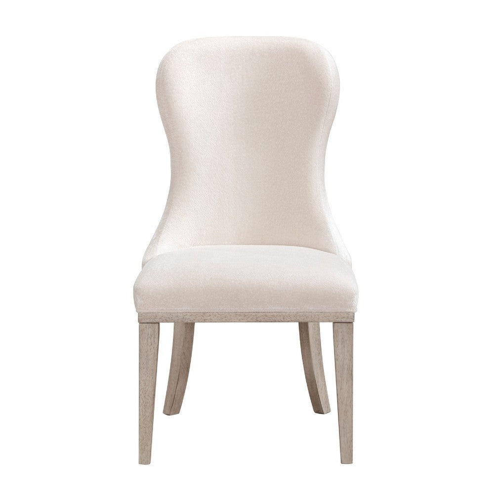Benjara Lofi Wing Dining Side Chair Set of 2, Ivory Polyester, Light Gray Wood