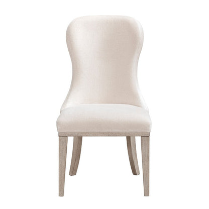 Benjara Lofi Wing Dining Side Chair Set of 2, Ivory Polyester, Light Gray Wood