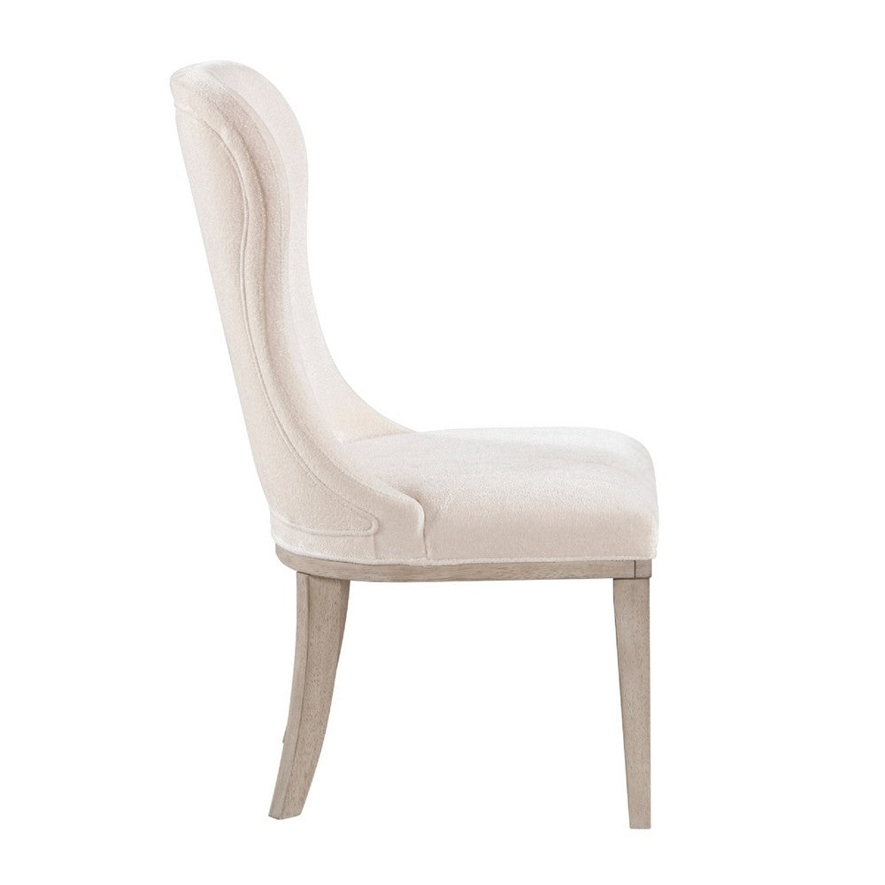 Benjara Lofi Wing Dining Side Chair Set of 2, Ivory Polyester, Light Gray Wood