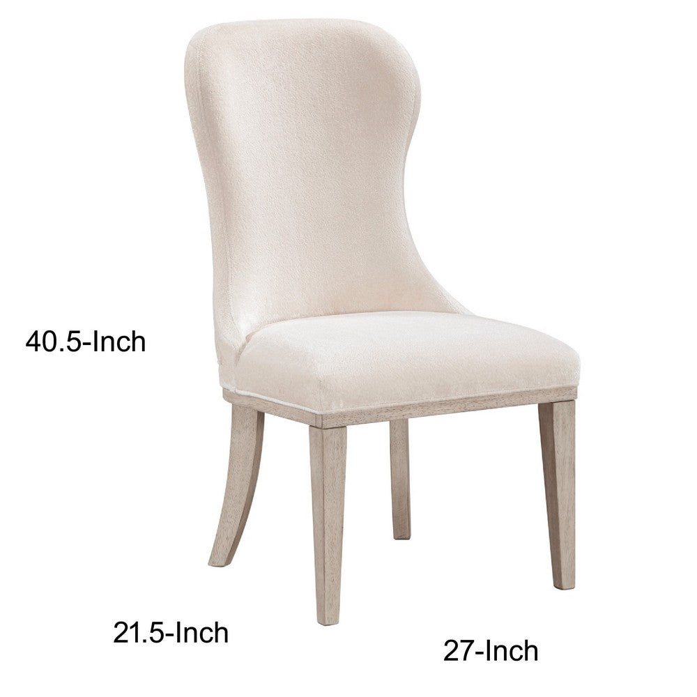 Benjara Lofi Wing Dining Side Chair Set of 2, Ivory Polyester, Light Gray Wood