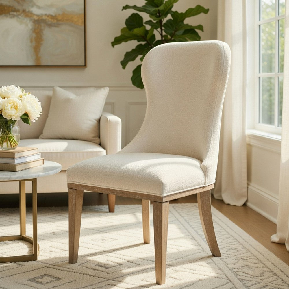 Benjara Lofi Wing Dining Side Chair Set of 2, Ivory Polyester, Light Gray Wood