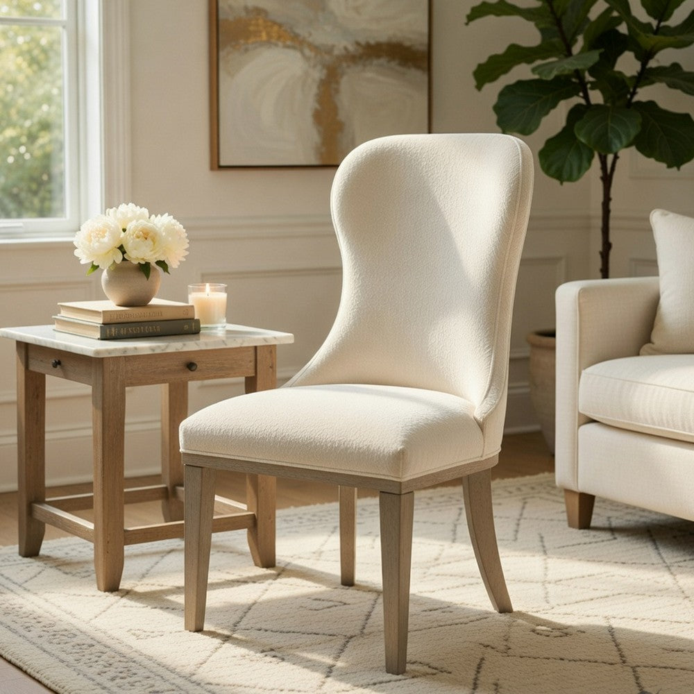 Benjara Lofi Wing Dining Side Chair Set of 2, Ivory Polyester, Light Gray Wood
