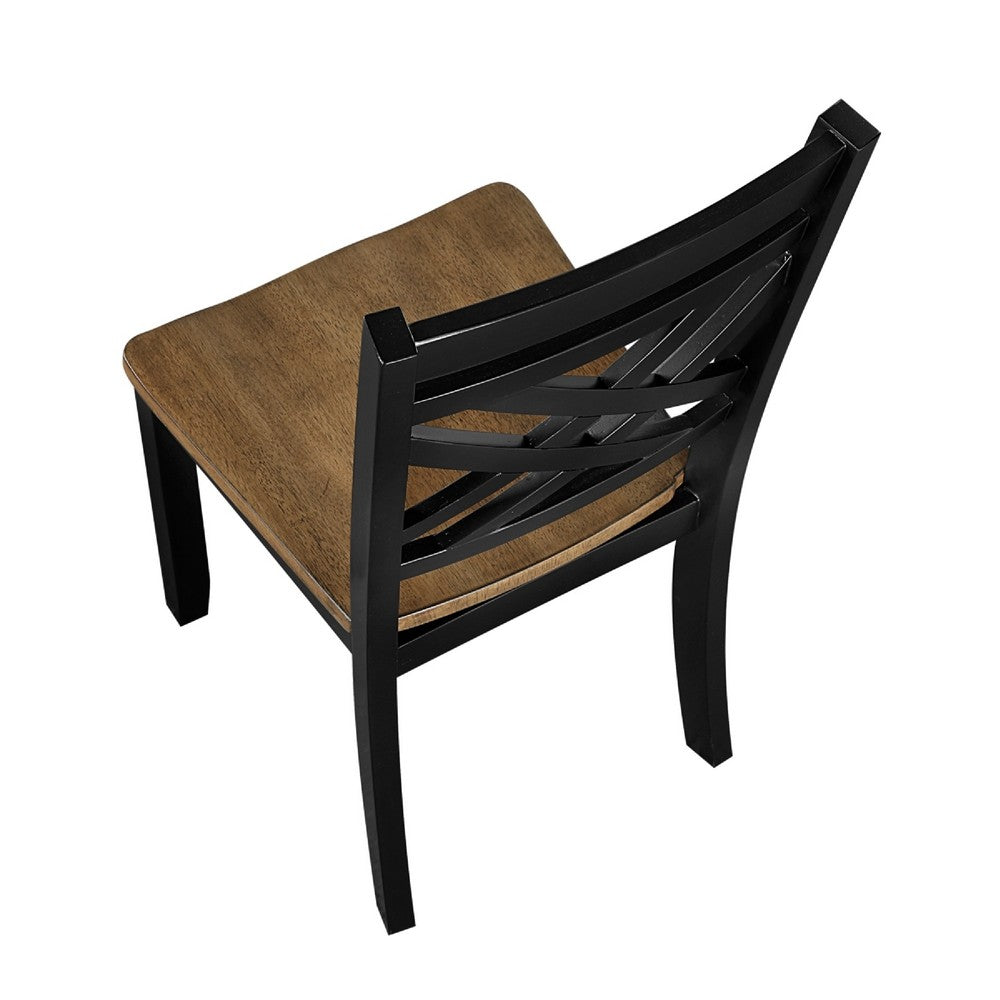 Benjara Teny Side Chair Set of 2, Lattice Back, Countered Seat, Brown And Black