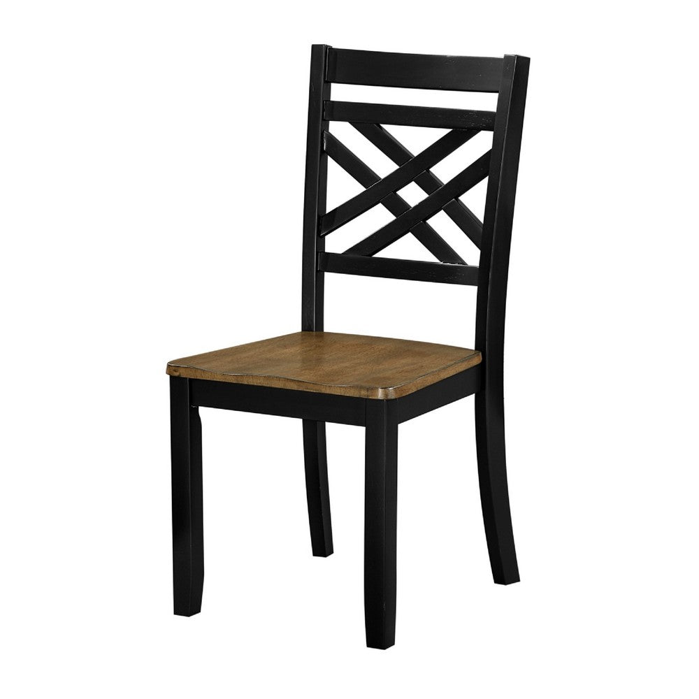Benjara Teny Side Chair Set of 2, Lattice Back, Countered Seat, Brown And Black