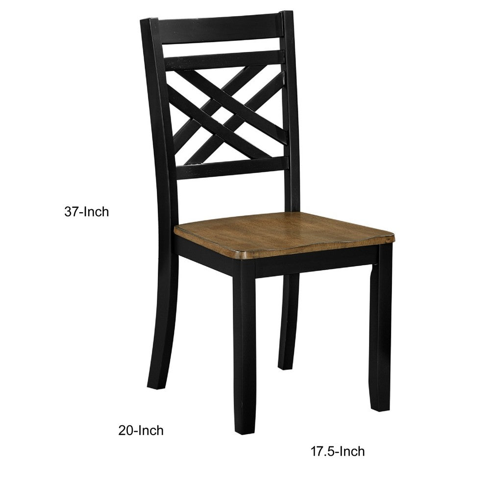 Benjara Teny Side Chair Set of 2, Lattice Back, Countered Seat, Brown And Black