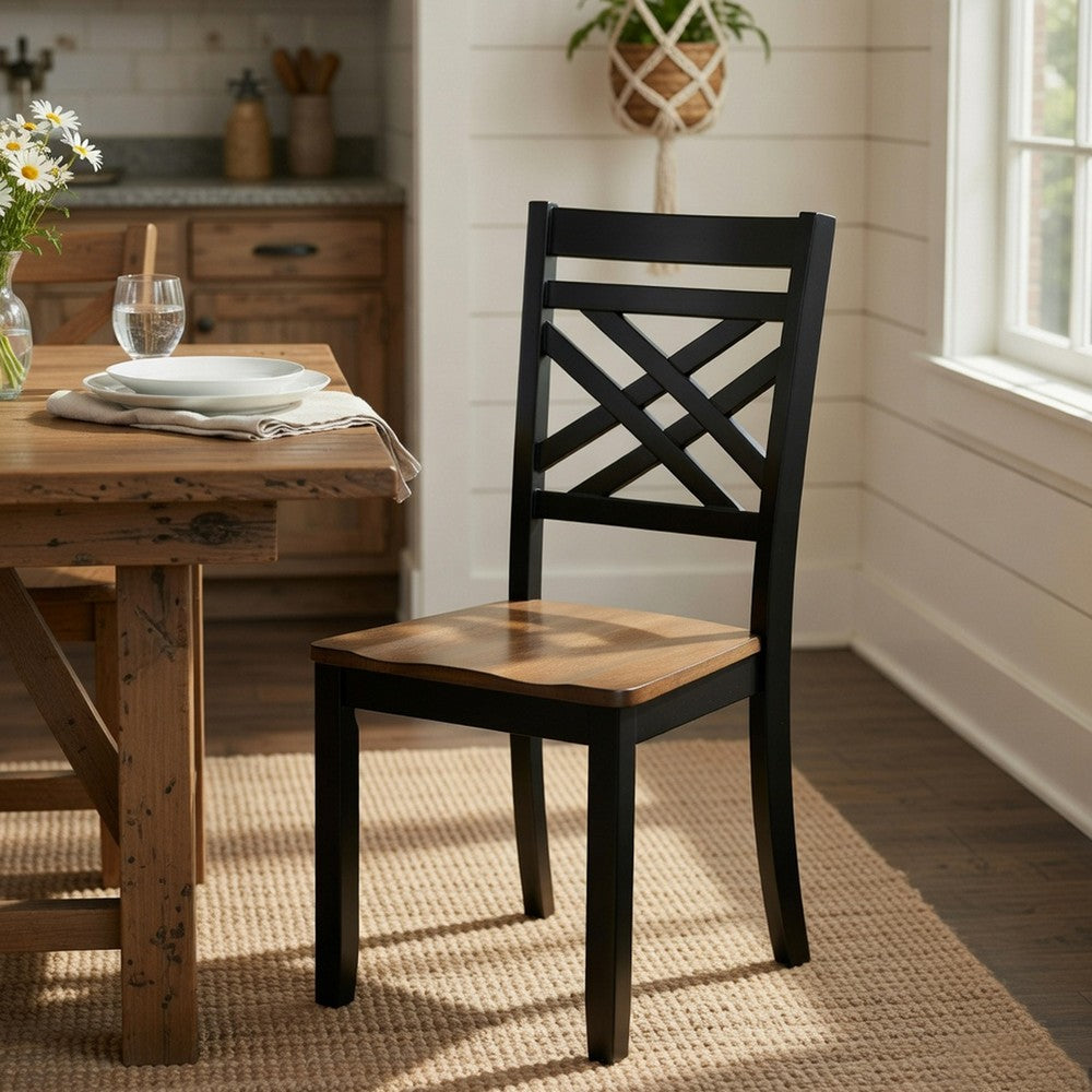 Benjara Teny Side Chair Set of 2, Lattice Back, Countered Seat, Brown And Black