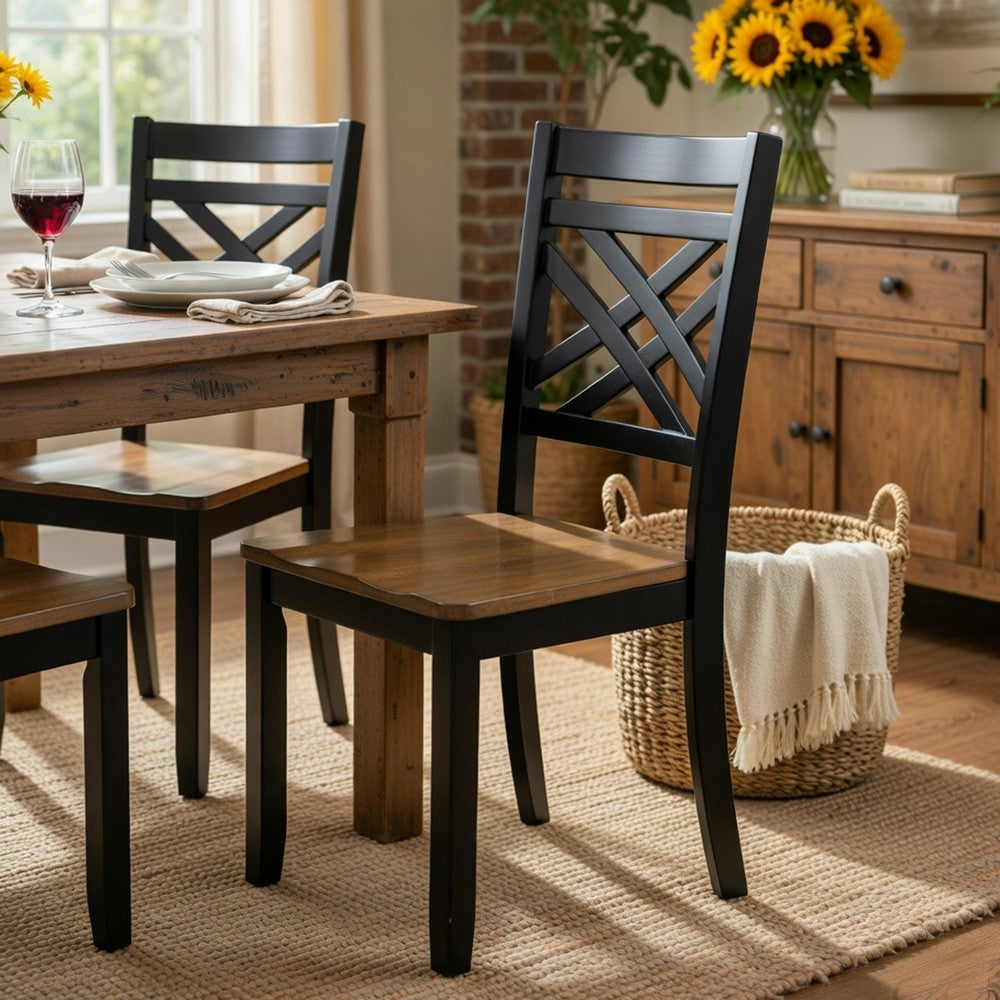 Benjara Teny Side Chair Set of 2, Lattice Back, Countered Seat, Brown And Black