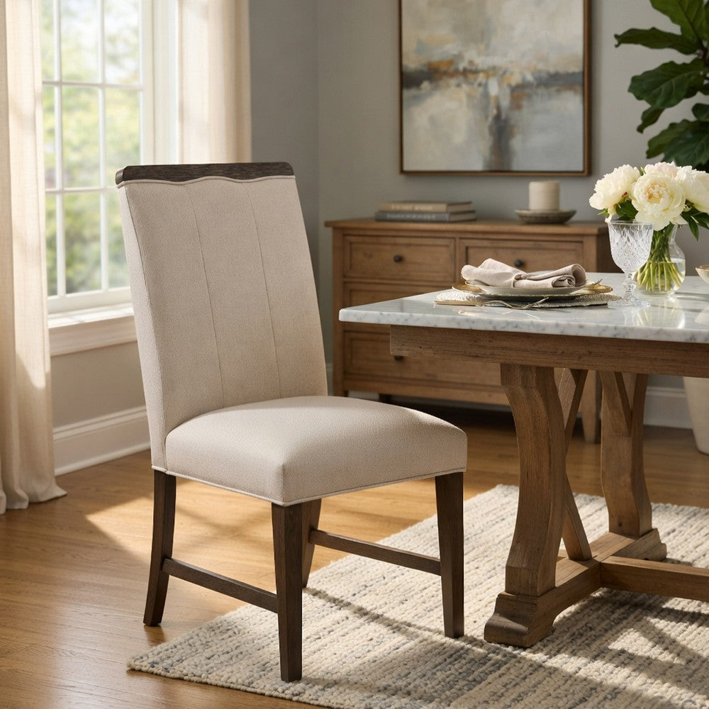 Benjara Lecy Side Chair Set of 2, Exposed Top, Channeled Ivory Polyester, Brown