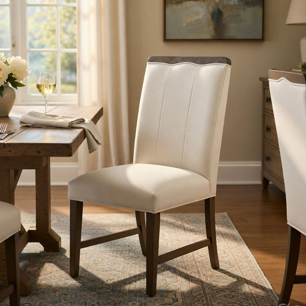 Benjara Lecy Side Chair Set of 2, Exposed Top, Channeled Ivory Polyester, Brown