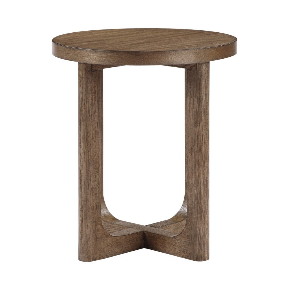 Benjara Bly Side End Table, Round Top, X base, Transitional Light Brown 20 Inch