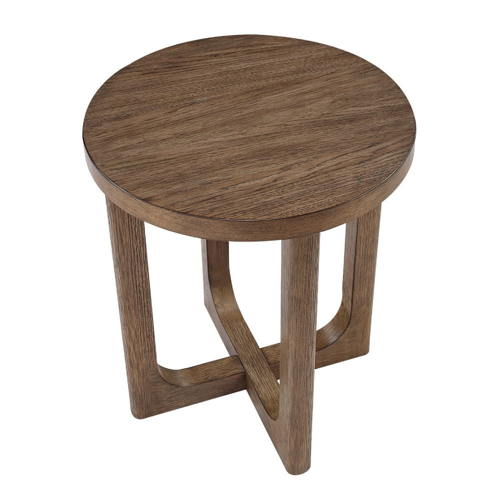 Benjara Bly Side End Table, Round Top, X base, Transitional Light Brown 20 Inch
