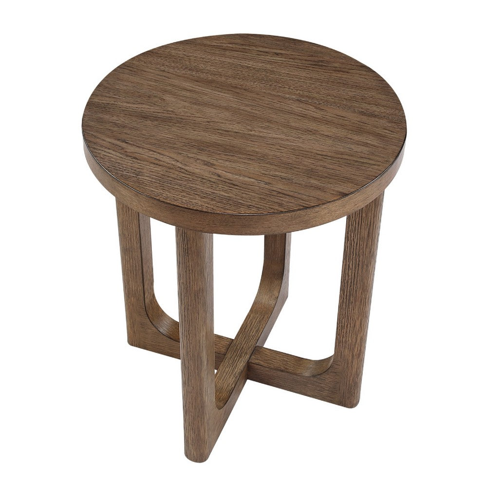 Benjara Bly Side End Table, Round Top, X base, Transitional Light Brown 20 Inch