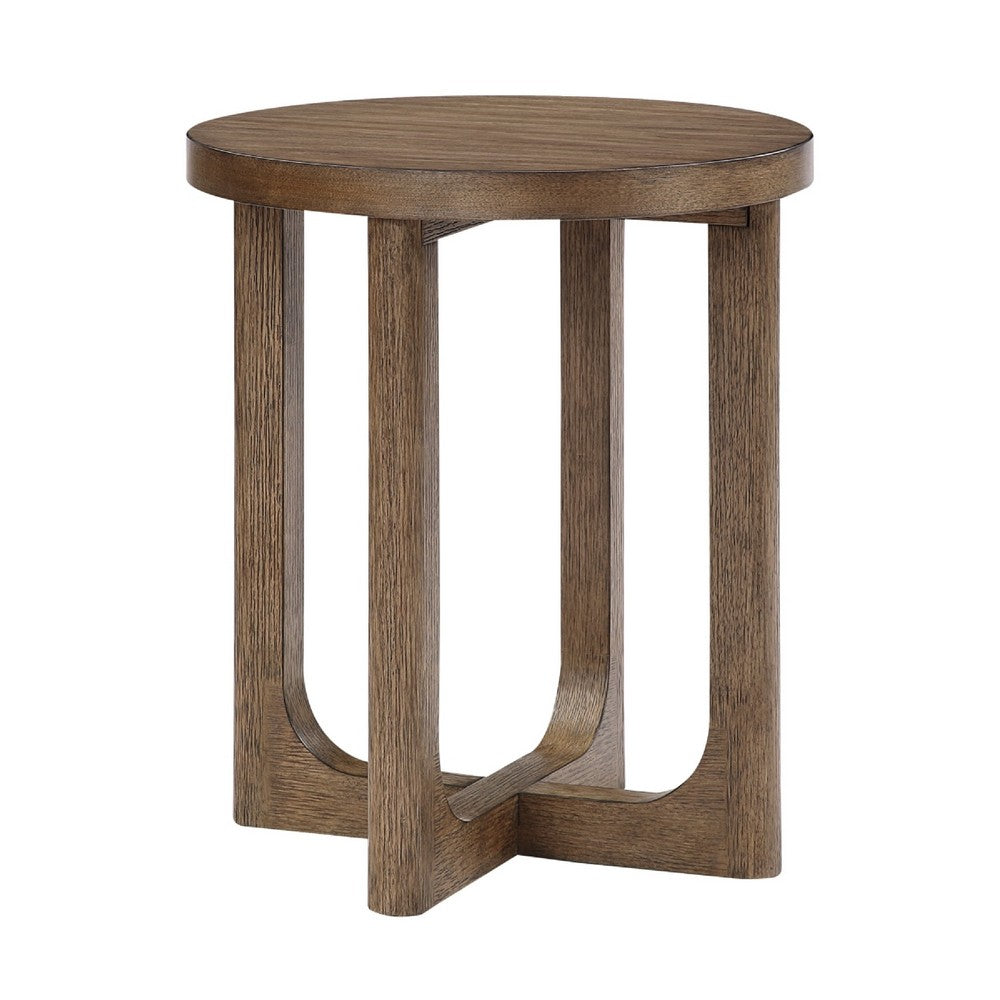 Benjara Bly Side End Table, Round Top, X base, Transitional Light Brown 20 Inch