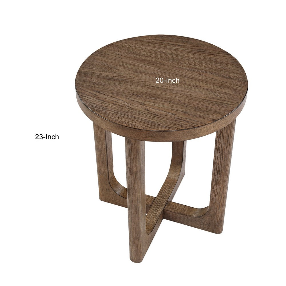 Benjara Bly Side End Table, Round Top, X base, Transitional Light Brown 20 Inch