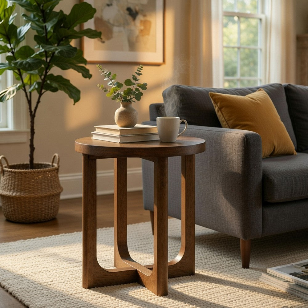 Benjara Bly Side End Table, Round Top, X base, Transitional Light Brown 20 Inch
