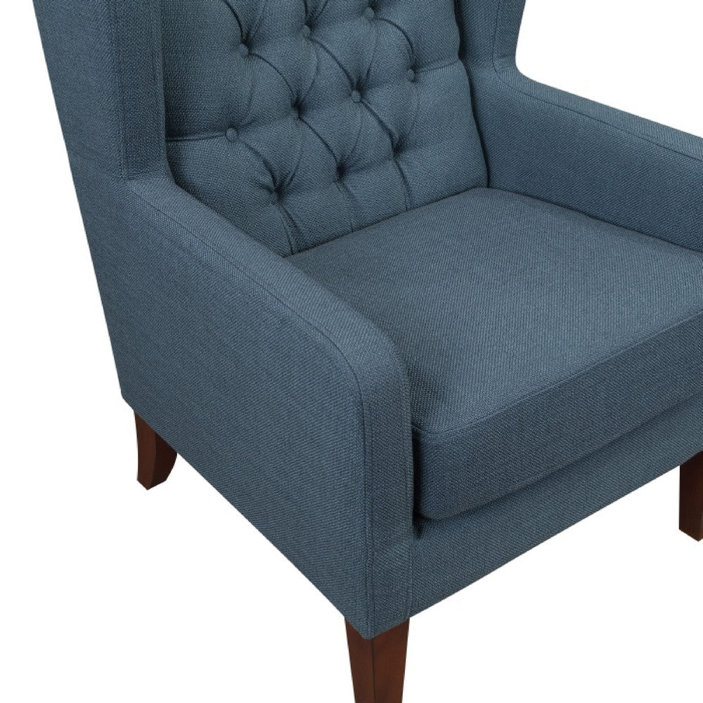 Benjara Russ Wingback Accent Chair, Foam Cushions, Tufted Blue Polyester, Brown