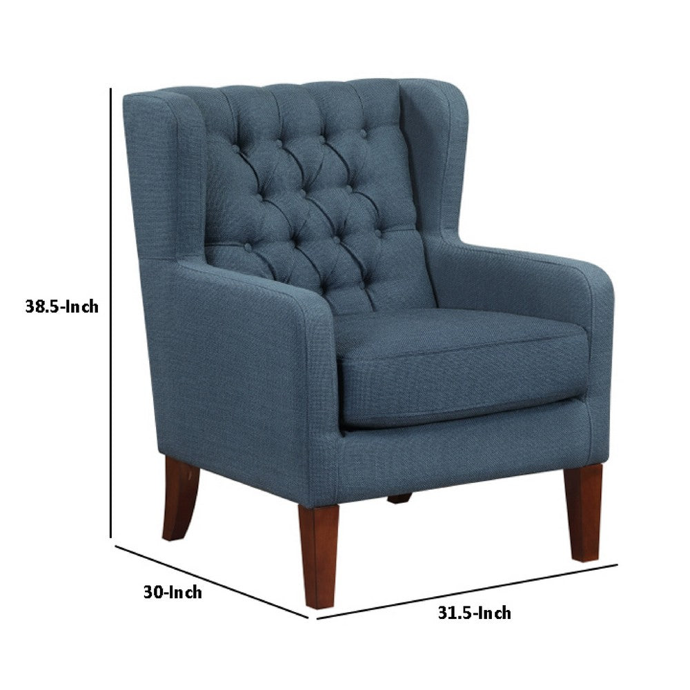 Benjara Russ Wingback Accent Chair, Foam Cushions, Tufted Blue Polyester, Brown