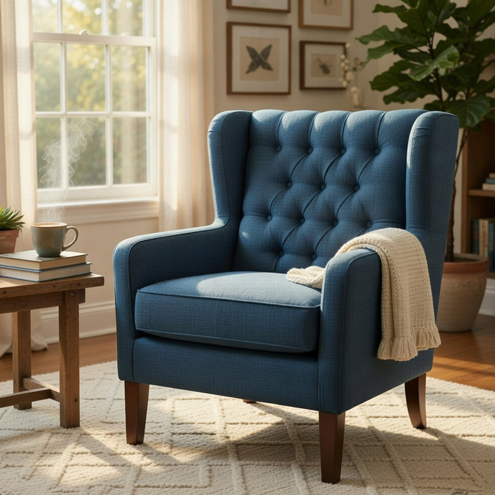 Benjara Russ Wingback Accent Chair, Foam Cushions, Tufted Blue Polyester, Brown