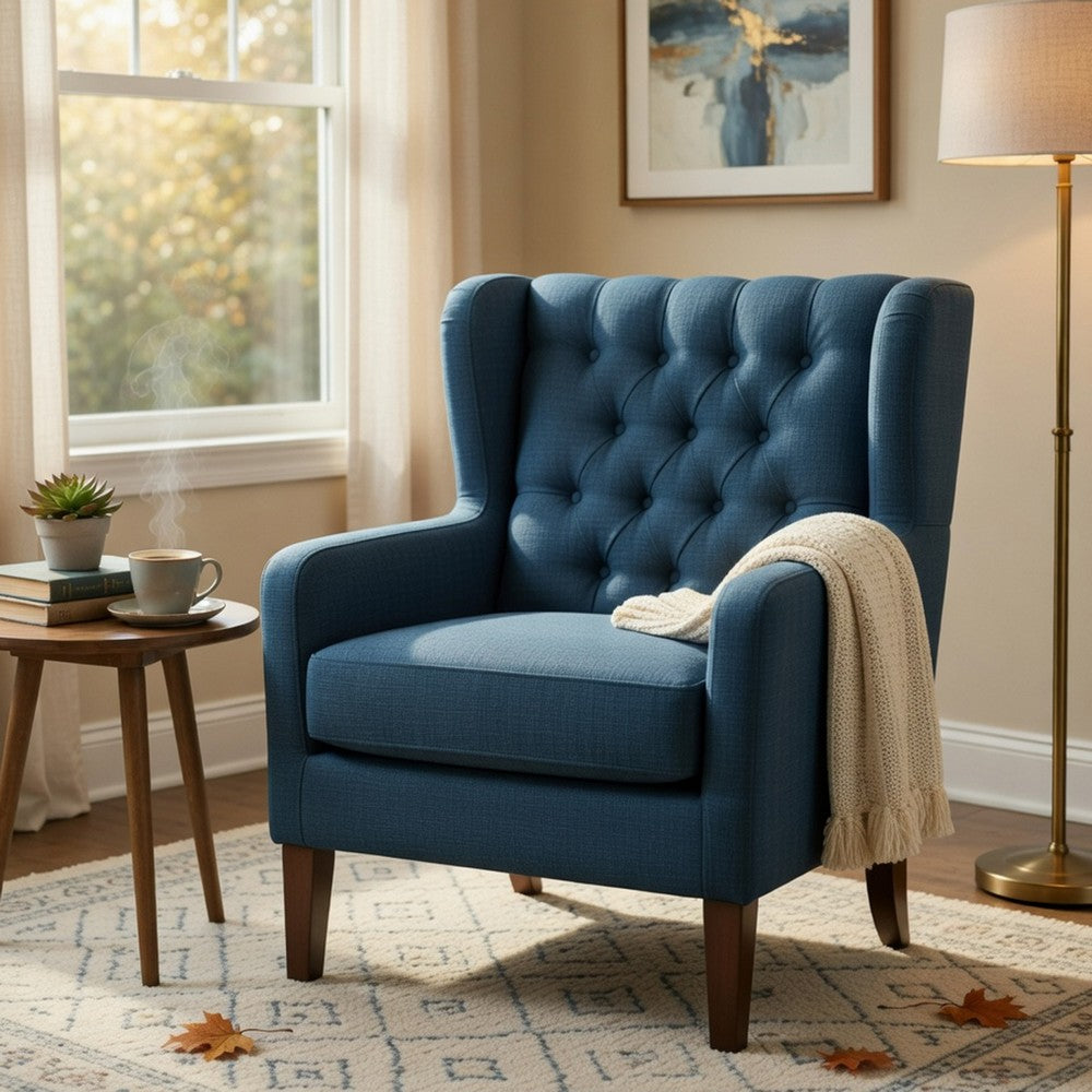 Benjara Russ Wingback Accent Chair, Foam Cushions, Tufted Blue Polyester, Brown