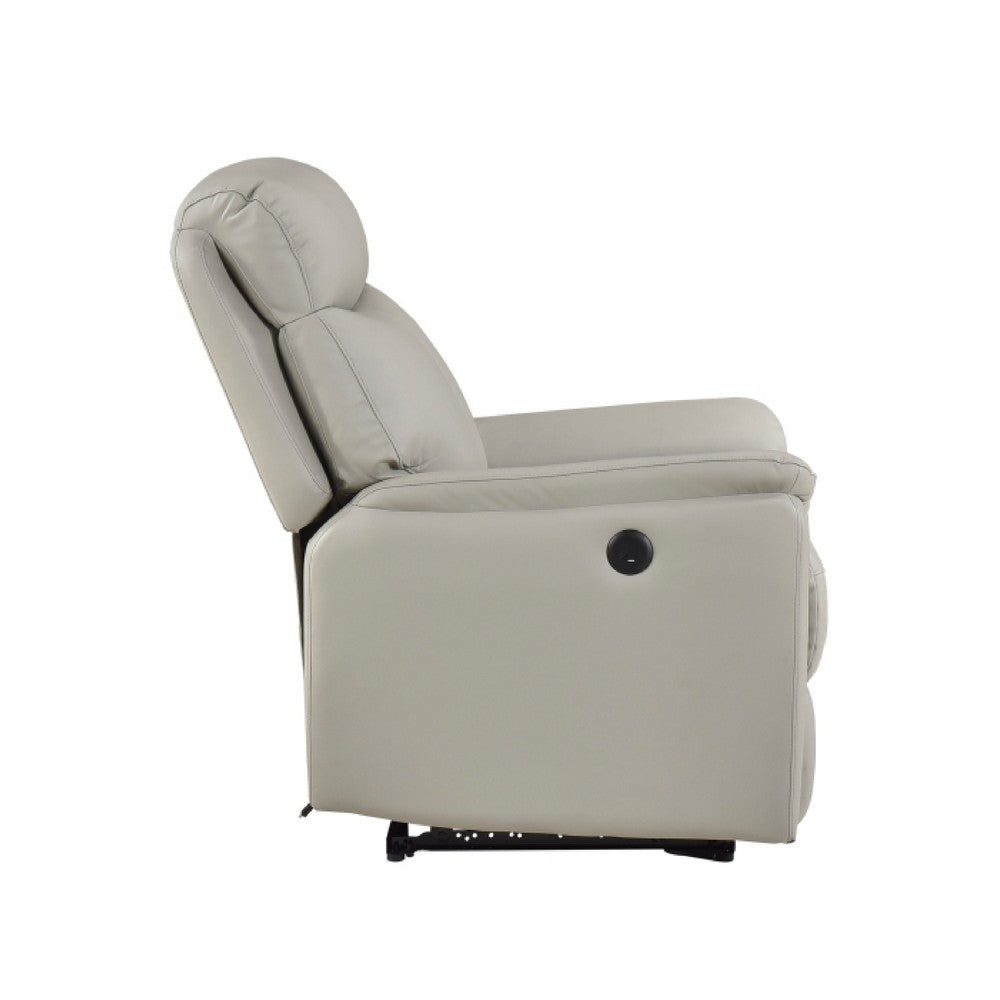 Benjara Lea Power Recliner Chair w USB, Foam Fill Light Gray Top Grain Leather