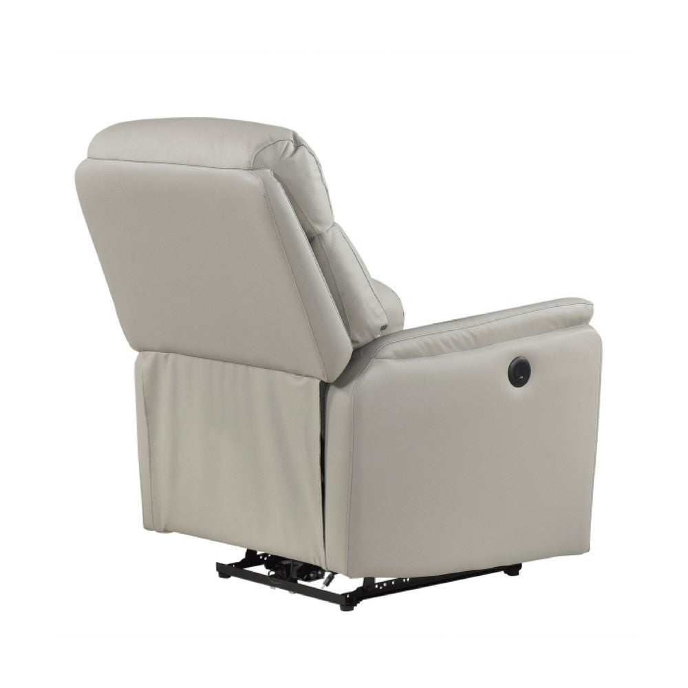 Benjara Lea Power Recliner Chair w USB, Foam Fill Light Gray Top Grain Leather