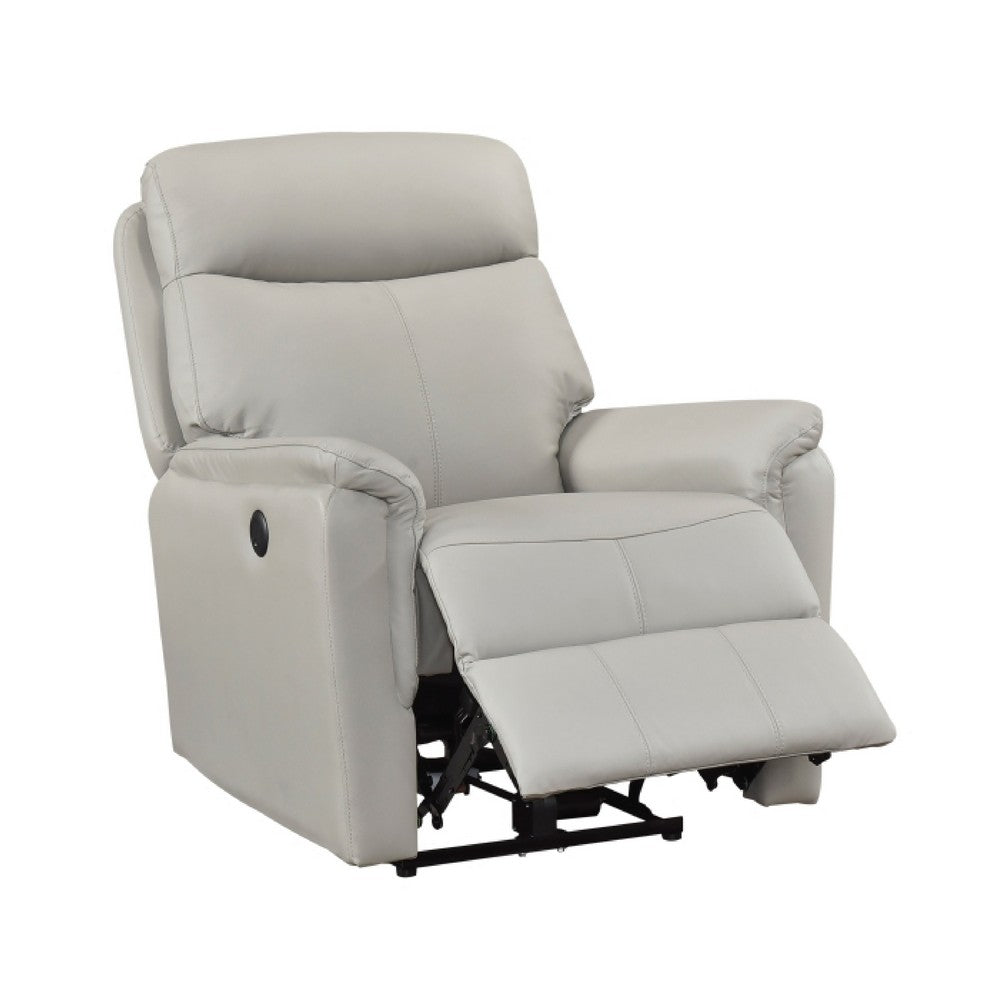 Benjara Lea Power Recliner Chair w USB, Foam Fill Light Gray Top Grain Leather