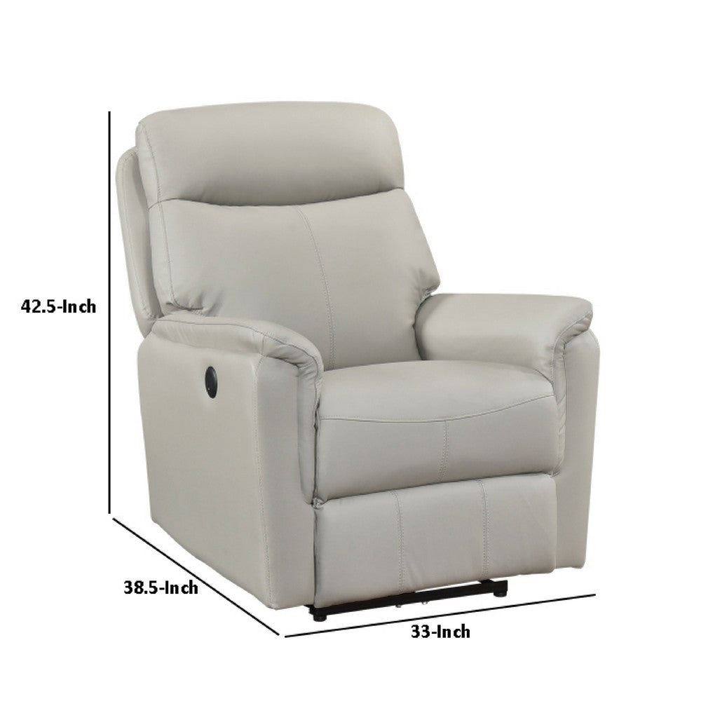 Benjara Lea Power Recliner Chair w USB, Foam Fill Light Gray Top Grain Leather