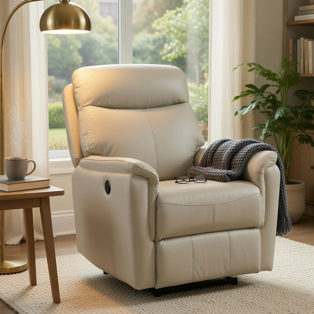 Benjara Lea Power Recliner Chair w USB, Foam Fill Light Gray Top Grain Leather