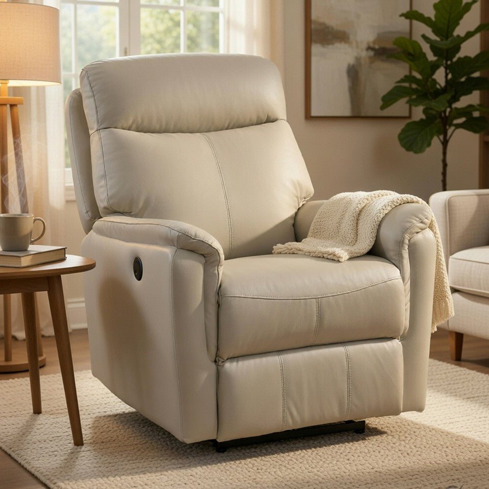 Benjara Lea Power Recliner Chair w USB, Foam Fill Light Gray Top Grain Leather