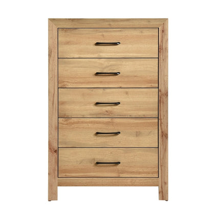 Benjara Eby Tall Dresser Chest, 5 Drawers, Black Nickel Handles, Natural Brown
